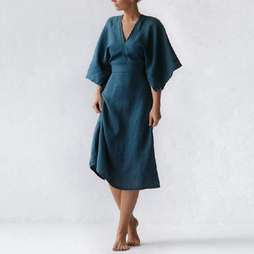 ZARA Womens Loose Cotton Linen Short Sleeve Dress with Stand Collar